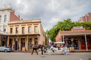 Horse-drawn carriage passing old buildings